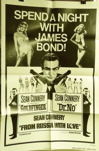 Vtg 1972 " Spend A Night W/ James Bond " Re - Release Us Orig 1sh 27x41 Film Poster