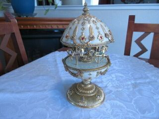 Vintage Faberge Imperial Musical White & Gold Carousel Egg - 11 "