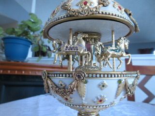 Vintage Faberge Imperial Musical White & Gold Carousel Egg - 11 