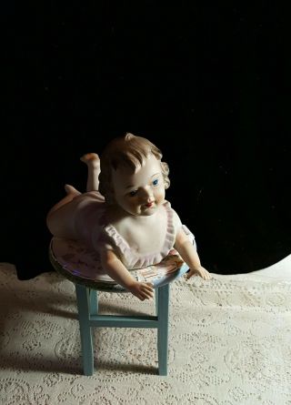 9 " Porcelain Ceramic Bisque Piano Baby Girl In Pink - Adorable