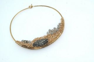 Single Artisan 14k Yellow Gold Diamond Bead Pendant Earring Hoop