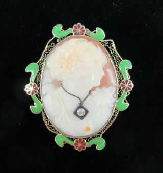 Lovely Antique Shell Cameo Pin With Diamond Necklace 14k Gold And Enamel Frame