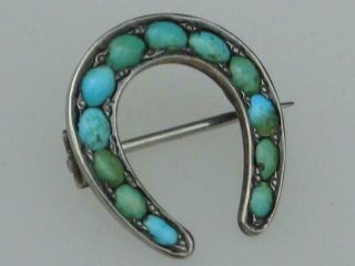 Vintage Edwardian 1910c Unmarked Solid Silver And Turquoise Horseshoe Brooch
