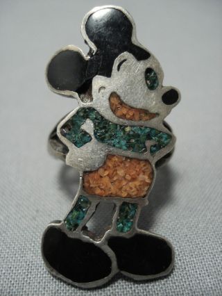 Rare Vintage Navajo Mickey Mouse Turquoise Coral Sterling Silver Ring Old