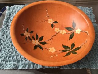Vintage 1940’s Munising Footed Wooden Salad / Fruit Bowl,  Hand Painted Blossoms