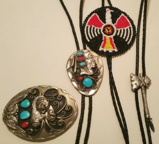 4 Native American Men Jewelry Bolo Tie Silver Belt Buckle Vtg Turquoise Bead Art