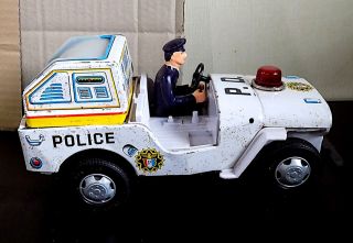 Vintage Tin & Plastic Battery - Operated Police Transport Jeep,  Mt.  Japan,  60 
