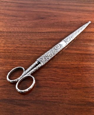 Rare Davis & Galt Sterling Silver Desk Scissors W/ Sheath Art Nouveau 9 3/4 "