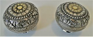 Antique Finely Crafted Pr Solid Silver & Gilt Covered Betel Nut Boxes Tibet 1880