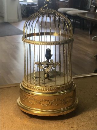 Vintage Reuge Music Box Bird In Cage Swiss Made