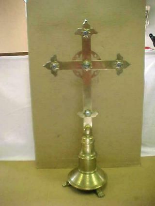 Antique 30” Tall Vtg Brass Altar Crucifix Cross Christian Crystal Agate 1905
