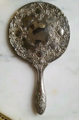 Antique Heavy Silverplated Ornate Roses Hand Mirror.  Mirror Is.  Old