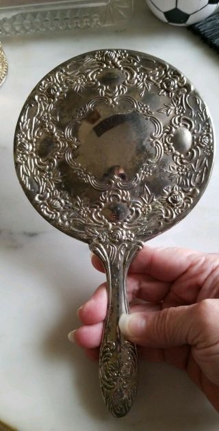 Antique Heavy Silverplated Ornate Roses Hand Mirror.  Mirror is.  Old 2