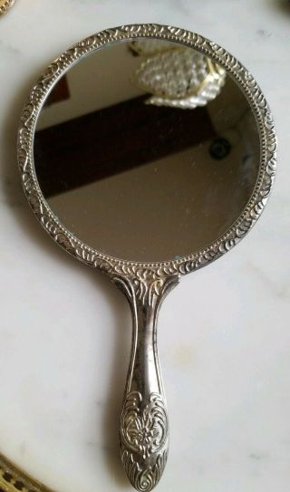 Antique Heavy Silverplated Ornate Roses Hand Mirror.  Mirror is.  Old 3