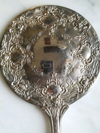 Antique Heavy Silverplated Ornate Roses Hand Mirror.  Mirror is.  Old 4