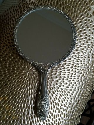 Antique Heavy Silverplated Ornate Roses Hand Mirror.  Mirror is.  Old 5
