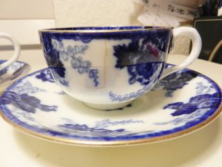 2 Royal Cauldon Flow Blue Floral Cups & Saucers 1905 - 1920 Brown Westhead & Moore