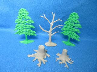 Marx Giant Blue& Gray Playset Pair Green Trees,  Dead Tree And 2 Stumps - Matched