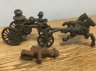 Vintage Antique Cast Iron Toy Horse Drawn Fire Pumper Wagon W Extra Man