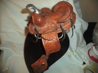 Western Horse Miniature Leather Saddle Tooled Engraving,  Metal Horn