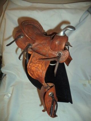 Western Horse Miniature Leather Saddle tooled engraving,  metal horn 2