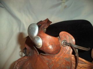 Western Horse Miniature Leather Saddle tooled engraving,  metal horn 3