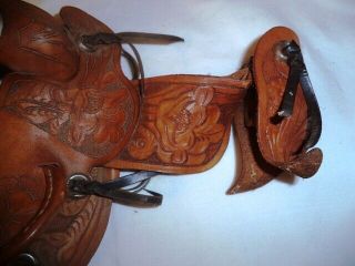 Western Horse Miniature Leather Saddle tooled engraving,  metal horn 5