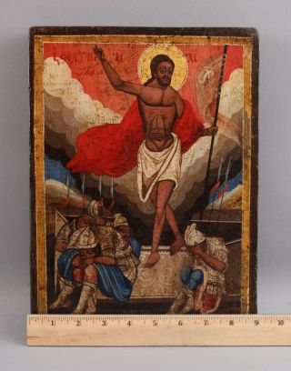 19thc Antique Christian Greek Wood Icon Painting,  Jesus & Sleeping Soldiers