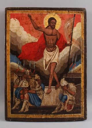 19thC Antique Christian Greek Wood Icon Painting,  Jesus & Sleeping Soldiers 2