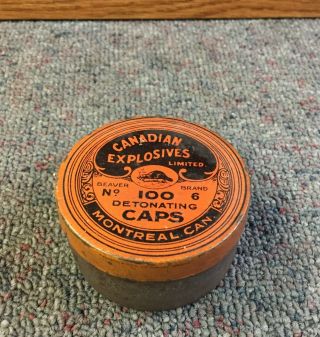 Vintage Round Beaver Brand Canadian Explosives Blasting Caps Tin Detonating L@@k