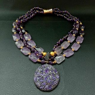 Exceptional Purple Amethyst Rough Cut & Marcasite Medallion Necklace 7