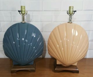 Pair Vintage Scallop Seashell Table Glass Lamps Wood Base Hollywood Regency