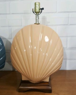 Pair Vintage scallop seashell Table glass Lamps wood Base Hollywood Regency 2