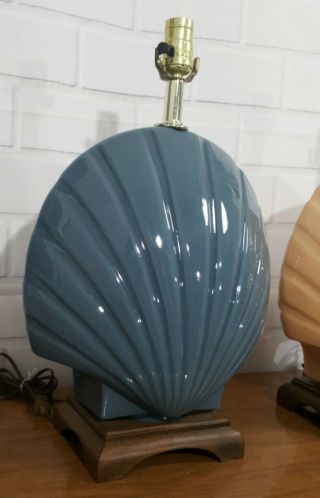 Pair Vintage scallop seashell Table glass Lamps wood Base Hollywood Regency 3