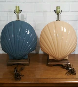 Pair Vintage scallop seashell Table glass Lamps wood Base Hollywood Regency 5