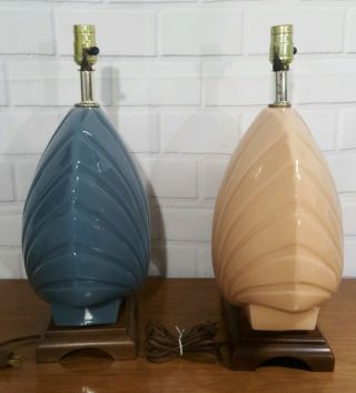 Pair Vintage scallop seashell Table glass Lamps wood Base Hollywood Regency 6