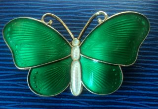 LARGER Norwegian Silver & Green Enamel Butterfly Brooch - Ivar Holt of Norway 2