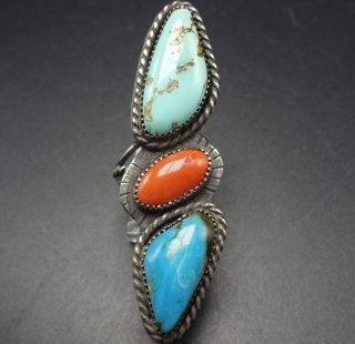 Extra Long Vintage Navajo Sterling Silver Coral & Turquoise Ring,  Size 8