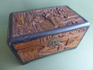Orig Antique - Vintage Chinese Lacquered Carved Camphor Wood Work Box C1920