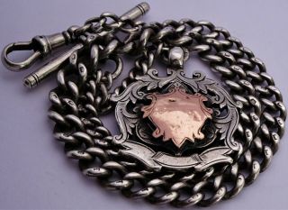 Fantastic Antique Solid Silver Pocket Watch Albert Chain & Silver & Gold Fob