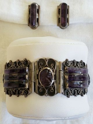 Large Heavy Taxco Mexico Bracelet Earrings Sterling Silver Carved Amethyst Inlay
