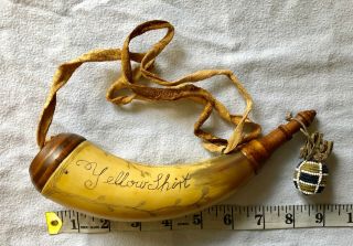 Antique Old West Scrimshaw Powder Horn Flask Vintage Hunting - Yellow Shirt