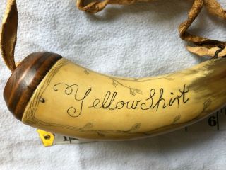 Antique Old West Scrimshaw Powder Horn Flask Vintage Hunting - Yellow Shirt 2