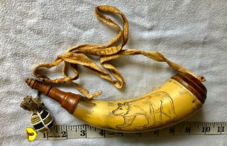 Antique Old West Scrimshaw Powder Horn Flask Vintage Hunting - Yellow Shirt 3