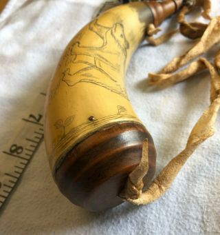 Antique Old West Scrimshaw Powder Horn Flask Vintage Hunting - Yellow Shirt 4