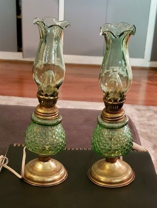 Antique Green Hobnail Glass Oil Lamps Converted To Electric