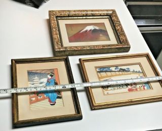 2 Antique Japanese Wood Block Prints,  Signed Water Color Gilded Volcano Painting