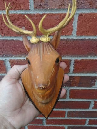 Antique Vintage Hand Carved Wood Black Forest Deer Head Glass Eyes Wall Mount