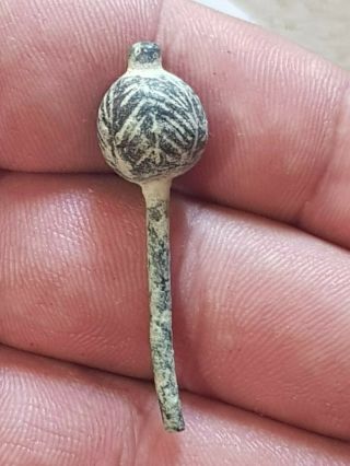 Fantastic Extremely Rare Ancient Bronze Hair Pin Detail /top.  9,  2 Gr.  45mm