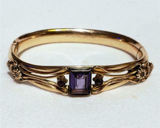 Rare Antique 1908 Victorian Allison Gold Filled Amethyst Hinged Bangle Bracelet